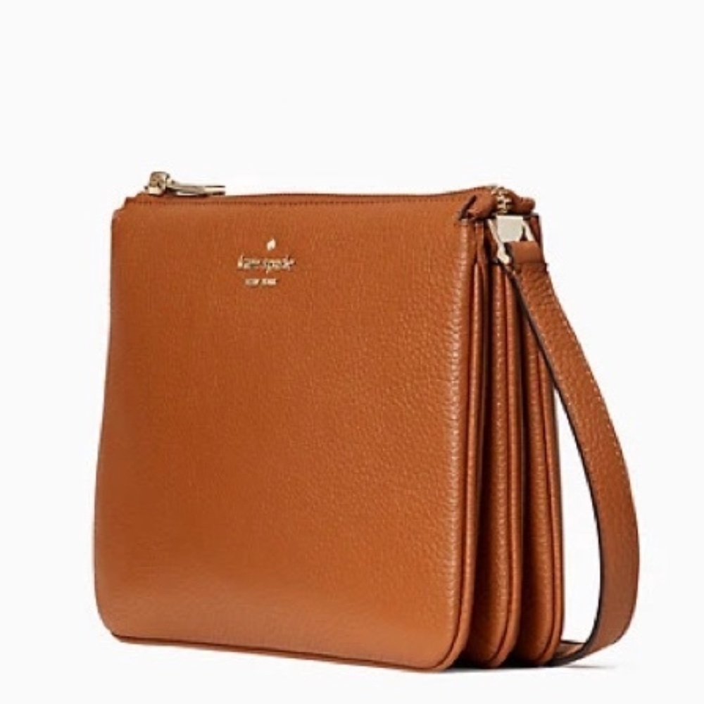 Kate Spade Leila Triple Gusset Brown Pebble Leather Crossbody Bag